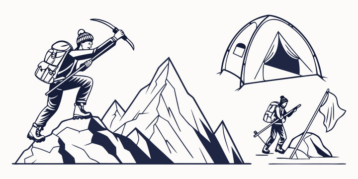 Mountain climber ascending steep rocky slope, using ice axe and rope, with tent camp below steep slope