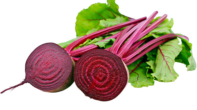 Fresh red beetroots with vibrant green leaves one cut in half showing concentric rings, isolated on transparent background