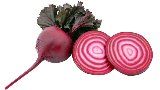 Whole Chioggia beet with leafy greens and two cross-section slices, isolated on transparent background