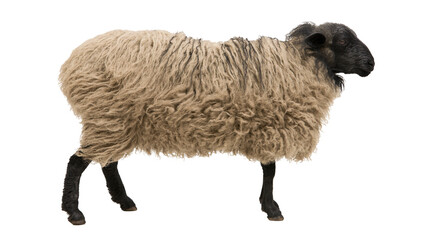 Fluffy sheep with dark head and legs, isolated on transparent background © Evans