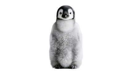 Fluffy grey emperor penguin chick standing, isolated on transparent background © Evans