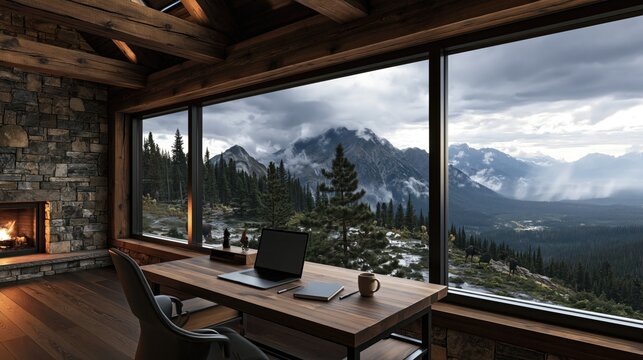 Hybrid Work from Home Office with Mountain View and Cozy Fireplace in Rustic Cabin