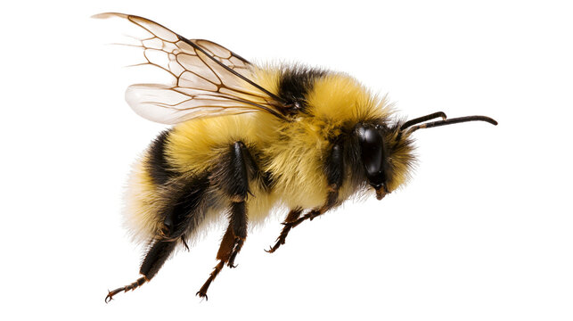 Fuzzy yellow and black bumblebee in flight, isolated on transparent background