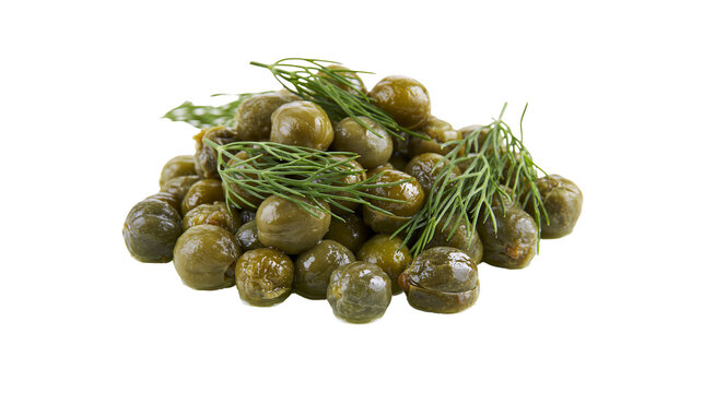 Pile of green capers with dill sprigs, isolated on transparent background