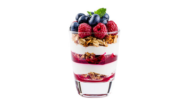 Layered yogurt parfait with berries and granola, isolated on transparent background