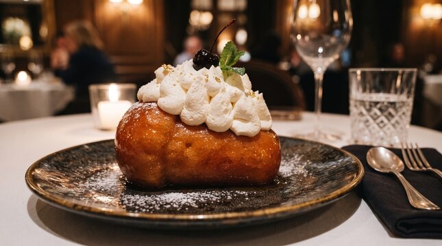 French Baba au Rhum topped with vanilla Chantilly cream.