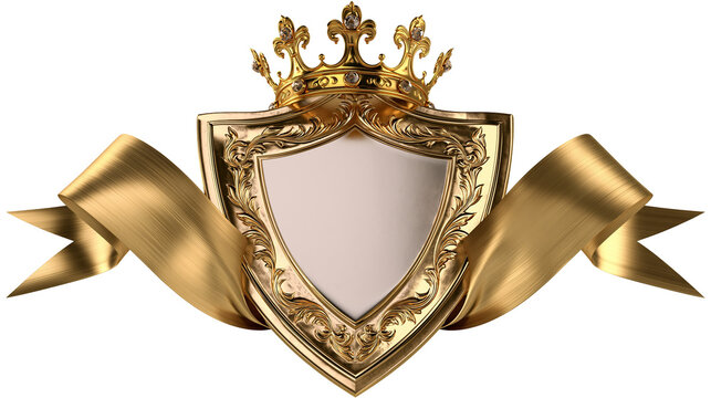 Ornate golden shield with crown and ribbon, isolated on transparent background