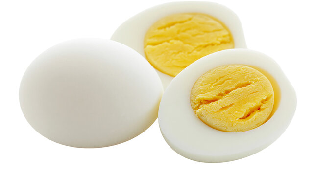 Whole and halved hard-boiled eggs with bright yellow yolks, isolated on transparent background