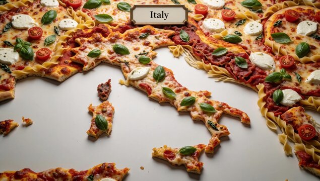 Close-up pizza word italy written cursive font arranged shape state top half largest bottom smallest crust gol
