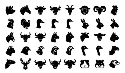 Fototapeta premium Minimal Farm Animal Head Black Silhouette Vector Icon Collection for Rural and Agricultural Design
