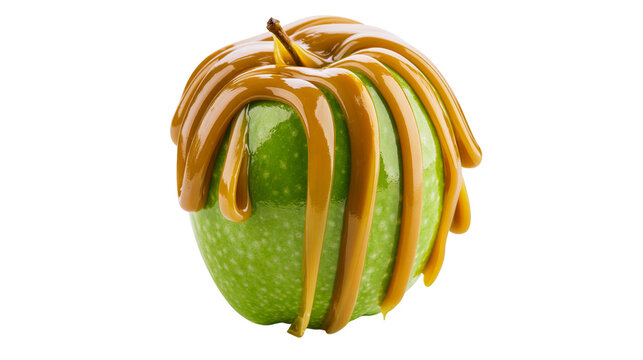 Green apple with dripping caramel sauce, isolated on transparent background