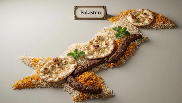 Flat lay pakistani dish arranged shape fish made white rice yellow various types food items such naan bread sa