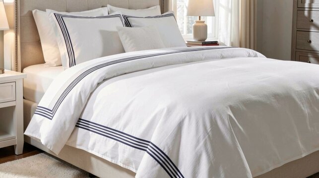 White bedding with double border detail, designer-inspired style, affordable luxury