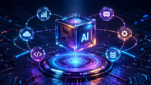 Artificial Intelligence brain at the core, connecting diverse digital services like cloud computing, data analytics, and software development, illustrating innovation for global business.