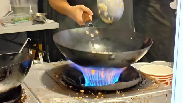 Chef flipping and tossing fried rice in a wok on stove fire, Chinese Food Cooking, Asian Cuisine, Stir fry Preparation, Kitchen Setting