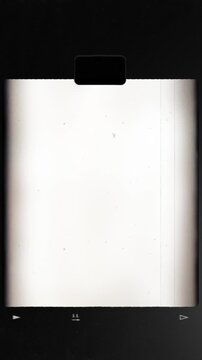 Vertical Super 8 film frame overlay with sprocket notch and light leak. Prominent sprocket notch on the left, warm, vertical scratches, and flickering dust.