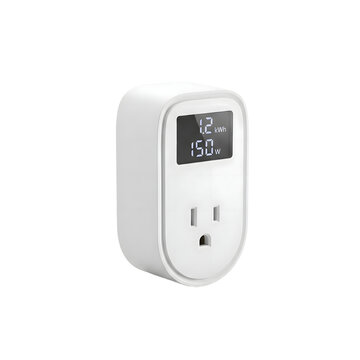 White smart plug with digital display showing energy usage isolated on transparent background