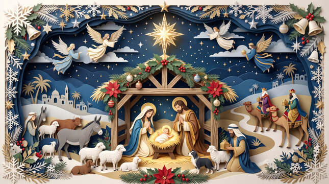 Layered paper art Nativity scene bakground