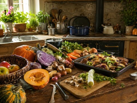 Herbstliche Erntek&uuml;che f&uuml;r b&auml;uerliche Direktvermarktung in Deutschland mit K&uuml;rbis, &Auml;pfeln, Kohl, Pilzen und Wurzelgem&uuml;se &ndash; regional, saisonal und frisch.