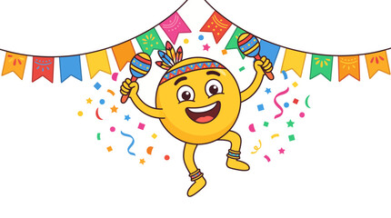 Fototapeta premium Vibrant yellow emoji character dancing joyfully while holding colorful maracas under bright festive bunting flags featuring confetti falling in this cheerful vector graphic design illustration