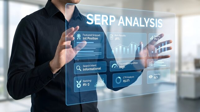 A professional businessman using a futuristic holographic interface to perform a detailed search engine results page analysis for website optimization
