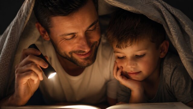 Father and his young son reading a storybook together under a cozy blanket fort at night using a flashlight. Warm, emotional family bonding scene before bedtime.