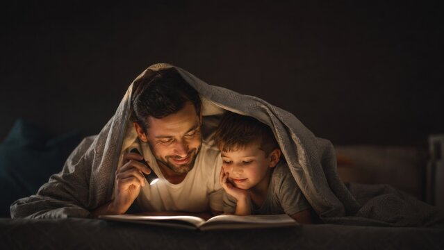 Father and his young son reading a storybook together under a cozy blanket fort at night using a flashlight. Warm, emotional family bonding scene before bedtime.