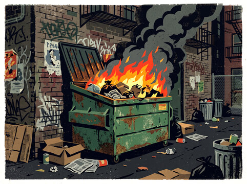 dumpster fire in alley. Visual metaphor represents chaos, mismanagement, or a difficult situation, Graphic poster style illustration