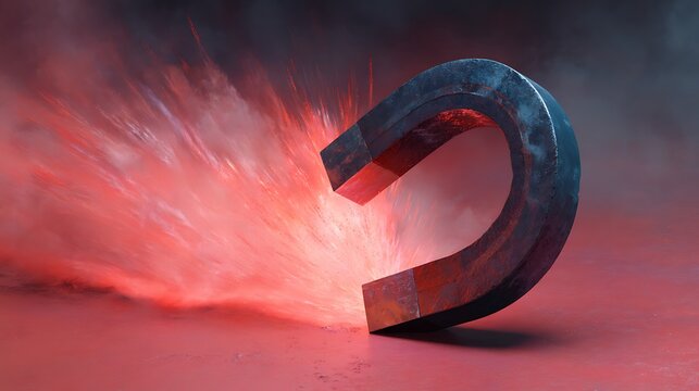Horshoe magnet attracting glowing red sparks and magnetic particles on dark surface