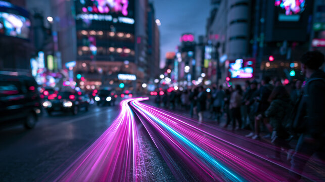 Long Exposure Light Trails on Busy Neon City Street