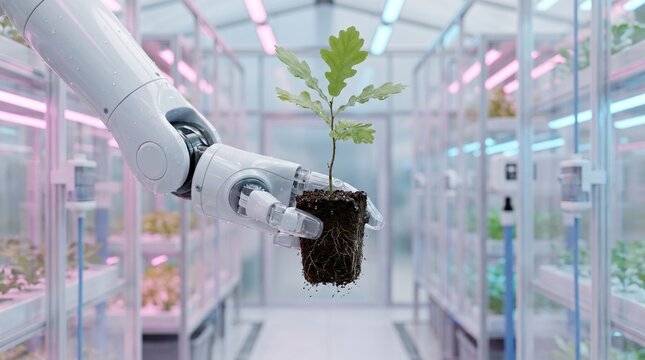 Advanced robotic arm gently holding a green plant sapling in a greenhouse