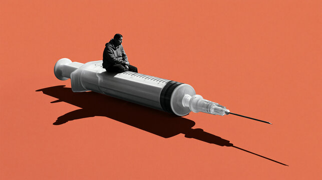 Depressed Man Sitting on Large Syringe Illustrating Drug Addiction
