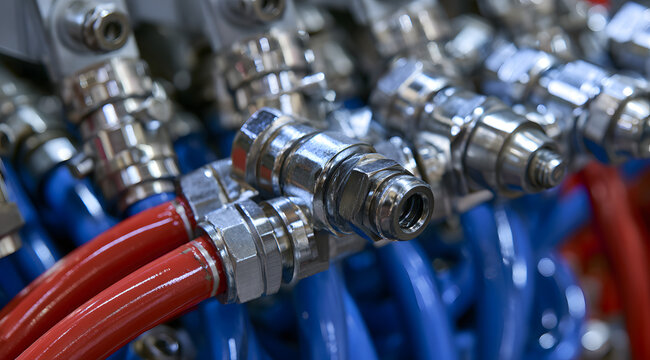 A detailed view of an industrial hydraulic system featuring high-pressure hoses and metal fittings.