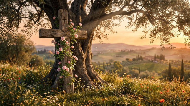 Wooden Cross Covered with Roses Under Tree at Sunset