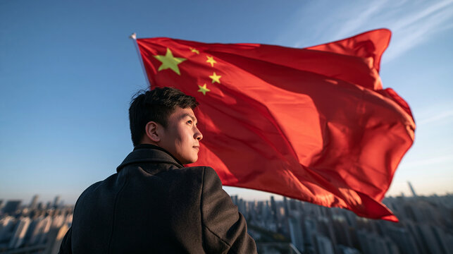 Young Businessman Standing in Front of Waving Chinese Flag