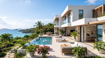 Fototapeta premium Luxurious modern villa with infinity pool overlooking a stunning tropical ocean bay and lush landscape.