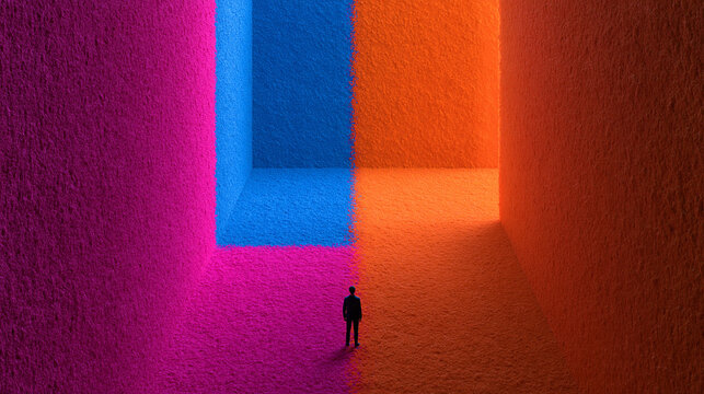 Businessman Standing at Vivid Colorful Geometric Crossroads and Pathways