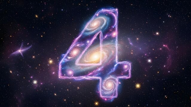 Cosmic number four with galaxy texture, glowing celestial digit 4 in deep space, astronomical nebula numeral design