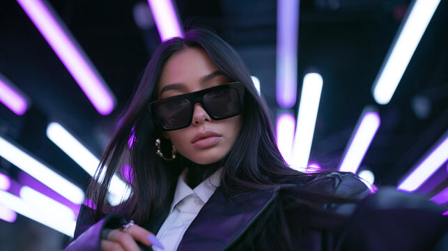 Cyberpunk Fashion Portrait of Young Woman with Neon Lights