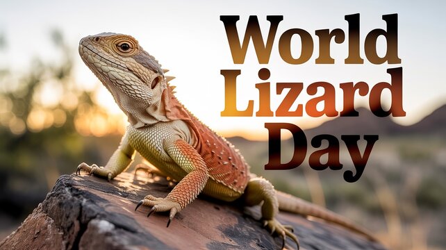 Golden hour photograph celebrates World Lizard Day with detailed scaled lizard.