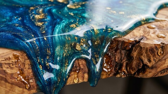 Macro texture of oceanic blue epoxy resin with gold flakes on raw olive wood