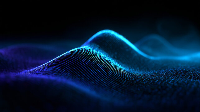 Glowing Blue Digital Data Wave and Abstract Particle Landscape