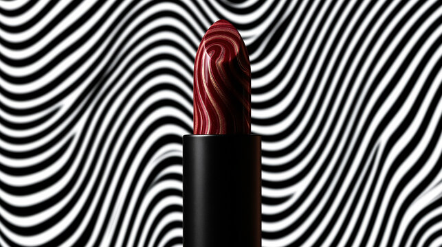 Red Swirled Lipstick Tube Against Optical Pattern Background