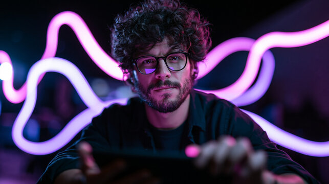 Creative Developer Working on Digital Tablet in Neon Light