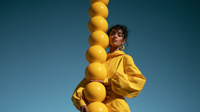 Stylish Woman in Yellow Outfit Posing with Yellow Spheres
