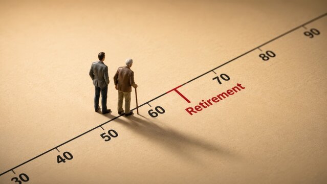 Miniature business professional and elderly man standing on timeline reaching retirement age milestone