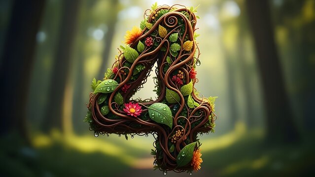 Organic number four made of vines and flowers, floral digit 4 in forest, botanical alphabet element for spring design