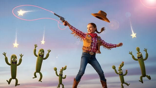 Whimsical cowgirl child playing with magic lasso, young girl in western costume, fantasy desert scene with cacti