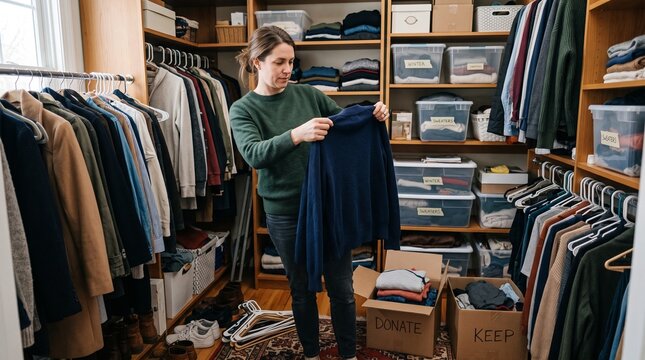 Woman organizing closet decluttering clothes into donate and keep boxes
