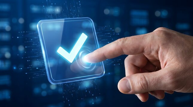 Finger pressing glowing blue checkmark button on digital interface